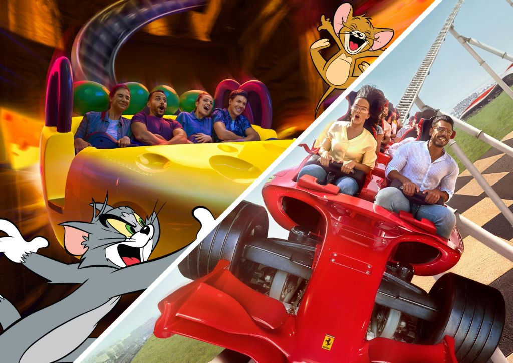 애니메이션 캐릭터 톰과 제리와 함께 다채로운 놀이기구를 즐기는 사람들. 두 번째 이미지에서 빨간색 차량 서비스를 이용하는 여성.