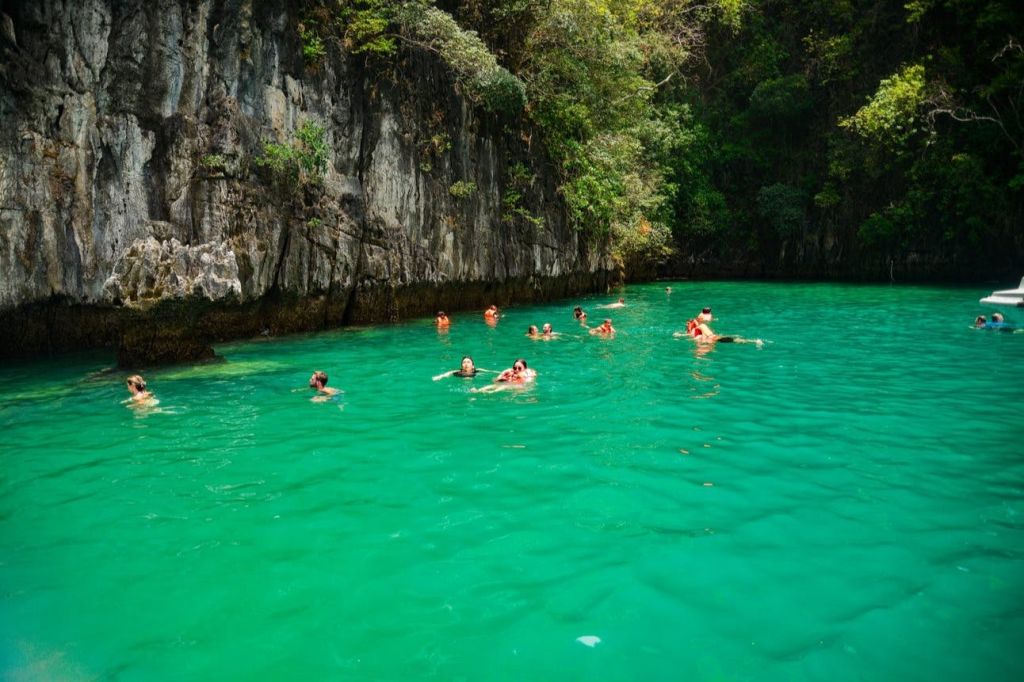 푸른 초목이 우거진 바위 절벽 근처에서 청록색 바다를 헤엄치는 사람들.