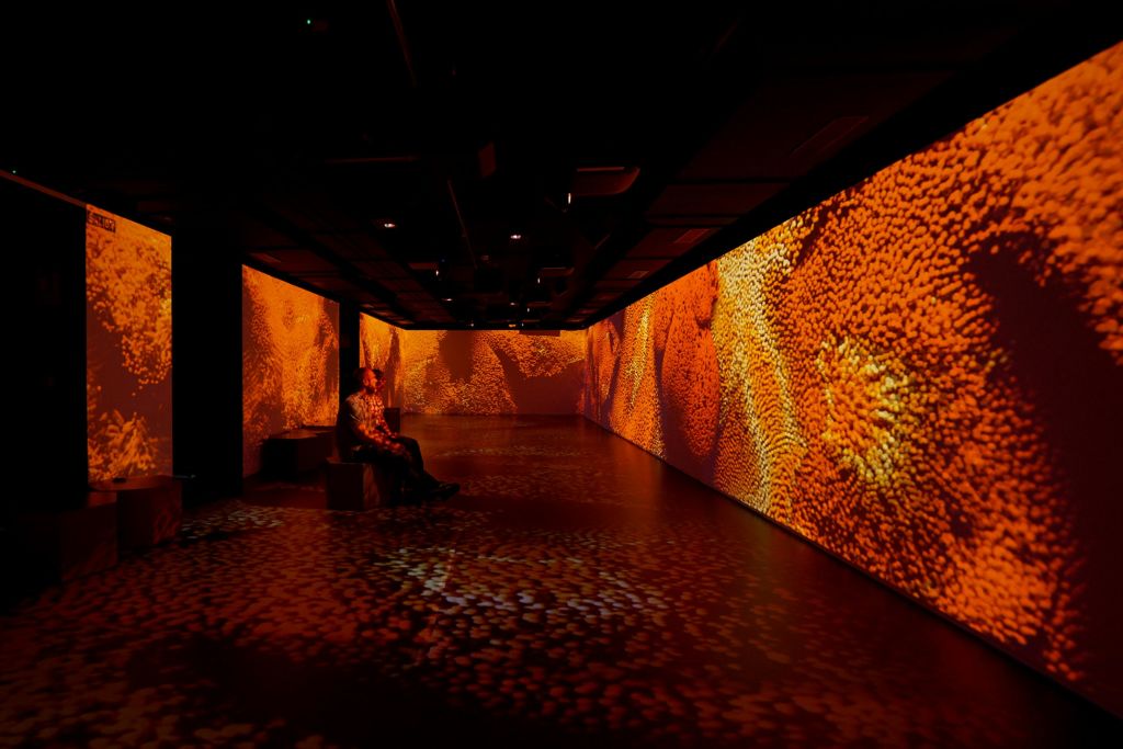 벽과 바닥에 선명한 주황색과 노란색의 추상적인 패턴이 투영된 어두운 방에 한 사람이 앉아 있습니다.