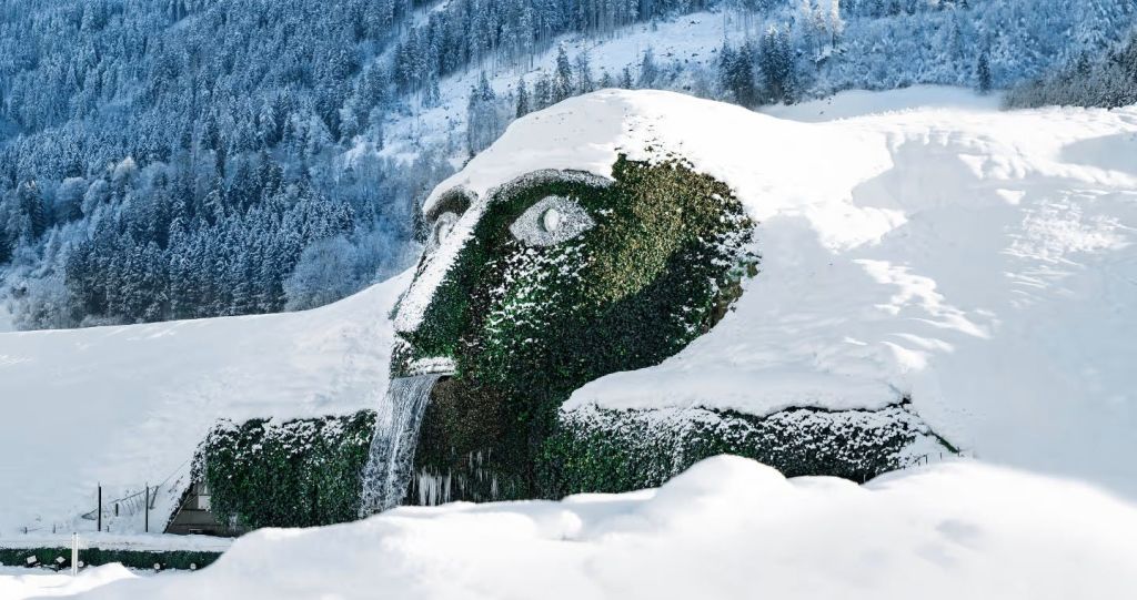 눈 덮인 초목이 있는 얼굴의 조각으로, 눈 덮인 숲 언덕을 배경으로 분수가 입으로 등장합니다.