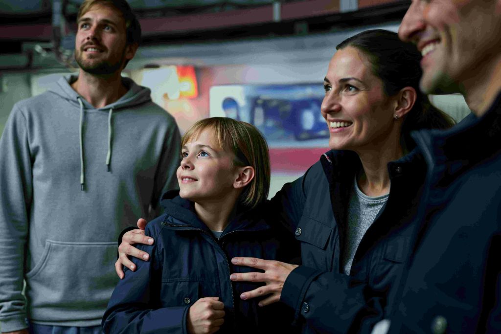 백그라운드에서 다른 사람들에 둘러싸여 위를 바라보며 웃는 여성과 재킷을 입은 아이.