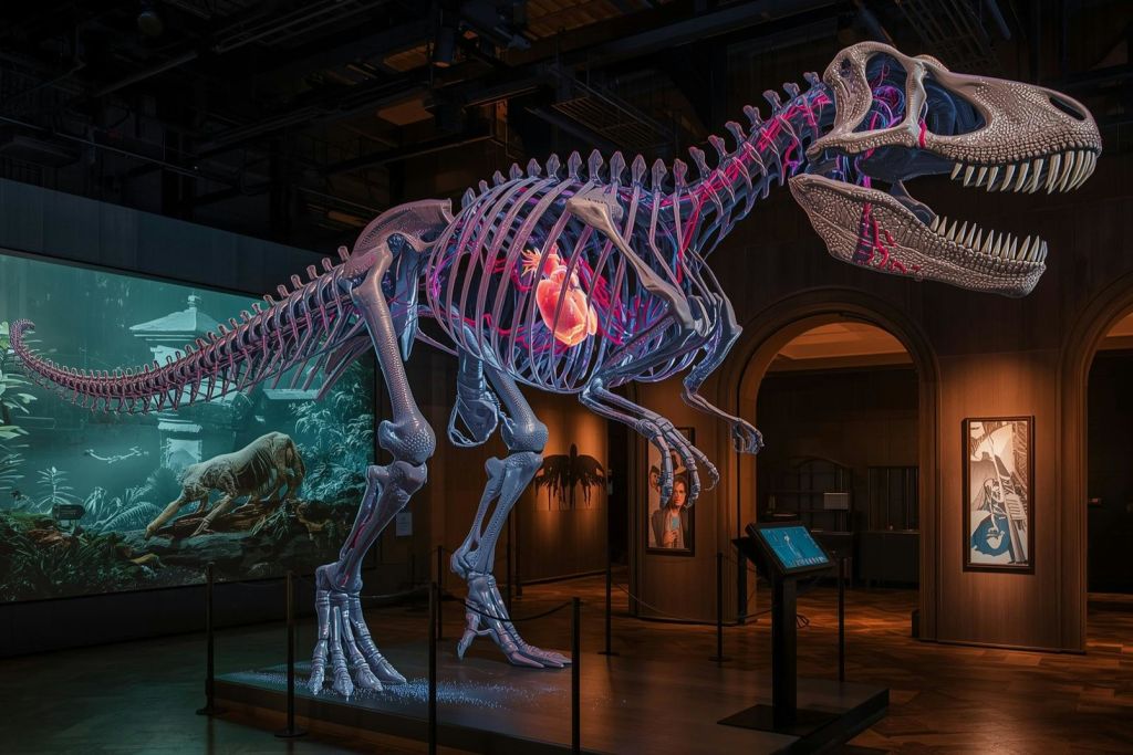 교육용 패널과 조명이 있는 박물관에 위치한 빛나는 심장 디스플레이가 있는 공룡 해골 전시관입니다.