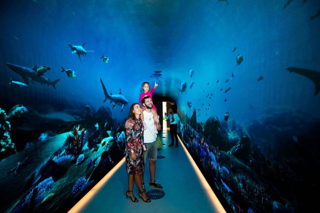 한 남자의 어깨에 아이를 둔 가족이 해양 생물로 둘러싸인 수족관 터널을 걷고 있습니다.