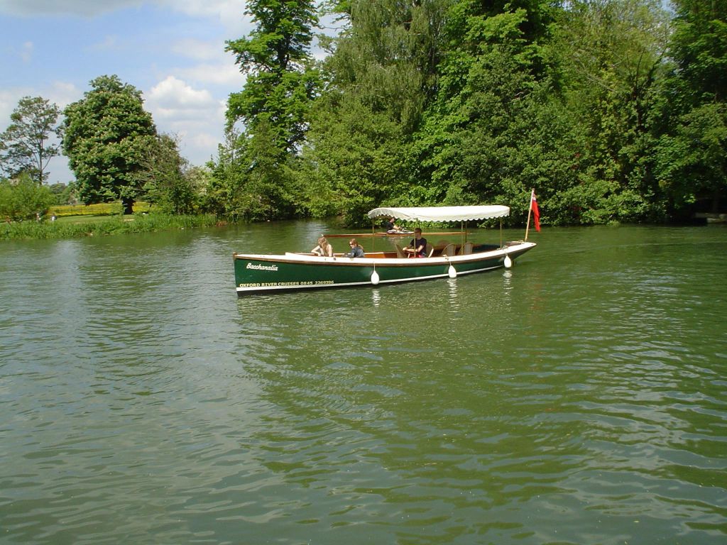 화창한 날에 울창한 푸른 나무로 둘러싸인 강가에 캐노피가 있는 작은 보트입니다. 사람들이 보트에 앉아 휴식을 취하고 있습니다.