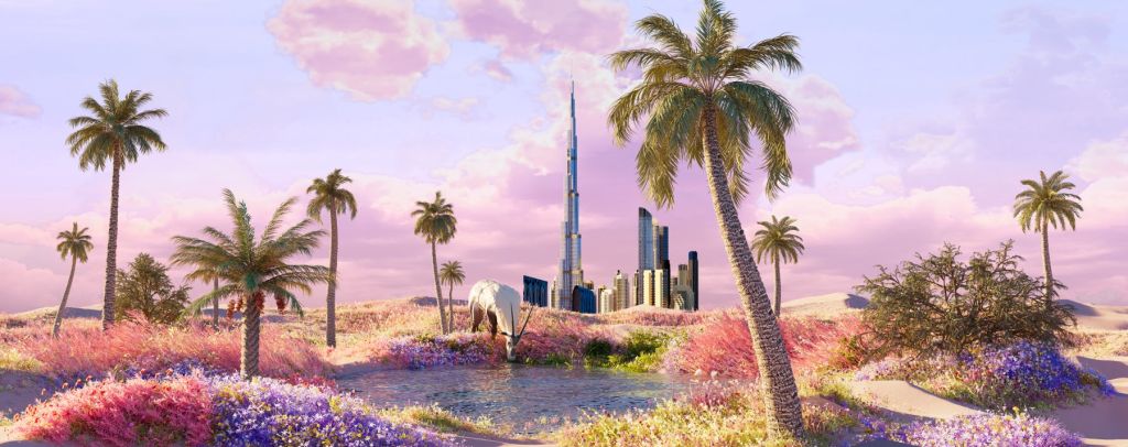 야자수, 활기찬 꽃, 우뚝 솟은 현대적인 고층 빌딩을 배경으로 연못에서 마시는 오릭스의 고요한 풍경.