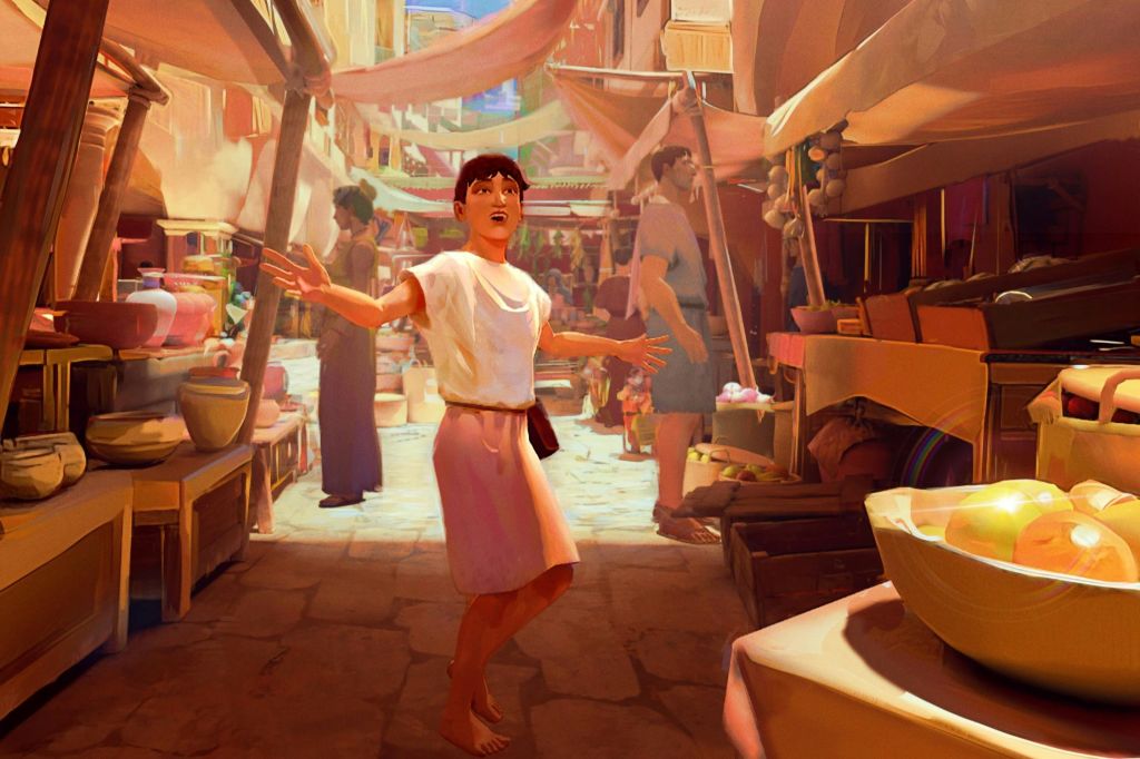 팔을 쭉 뻗은 맨발의 어린이가 활기차고 다채로운 시장 거리를 거닐고 있으며, 다양한 노점과 사람들이 둘러싸고 있습니다.