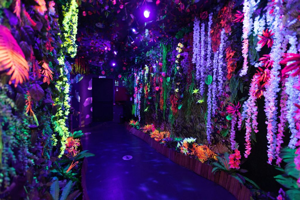화려하고 빛나는 인공 꽃과 단풍으로 장식된 희미한 조명의 복도는 보라색과 파란색 조명으로 빛납니다.