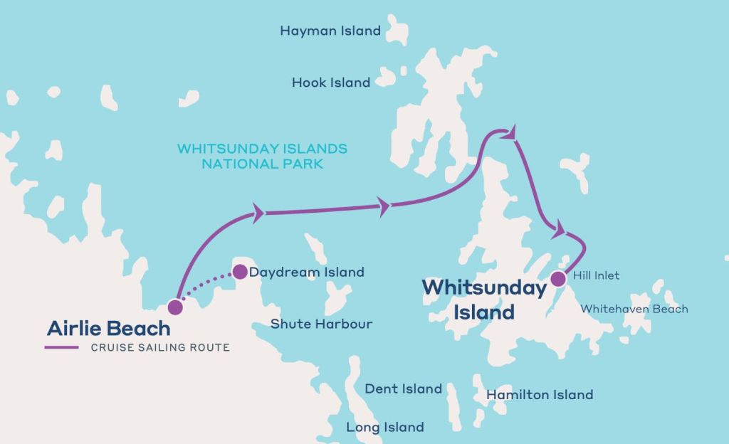 휘트선데이 아일랜드 국립공원을 보여주는 지도와 데이드림 아일랜드와 휘트선데이 아일랜드를 지나는 항해 루트.
