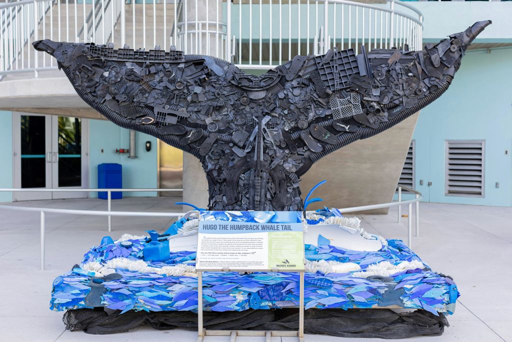 공공장소에서 푸른 파도와 안내 표지판으로 둘러싸인 검은색 재활용 재료로 만든 대형 고래 꼬리 조각.