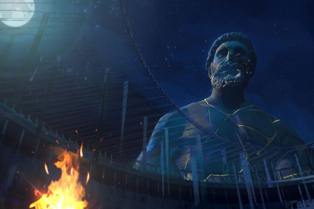 수염을 기른 남자의 거대한 동상이 별이 있는 밤하늘을 배경으로 서서 근처에 불이 타오르는 경기장을 내려다보고 있습니다.