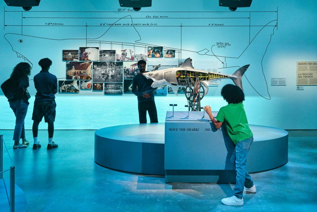 기계식 상어 모형이 전시된 전시물. 사람들은 벽에 사진과 도표가 있는 방에서 관찰합니다.