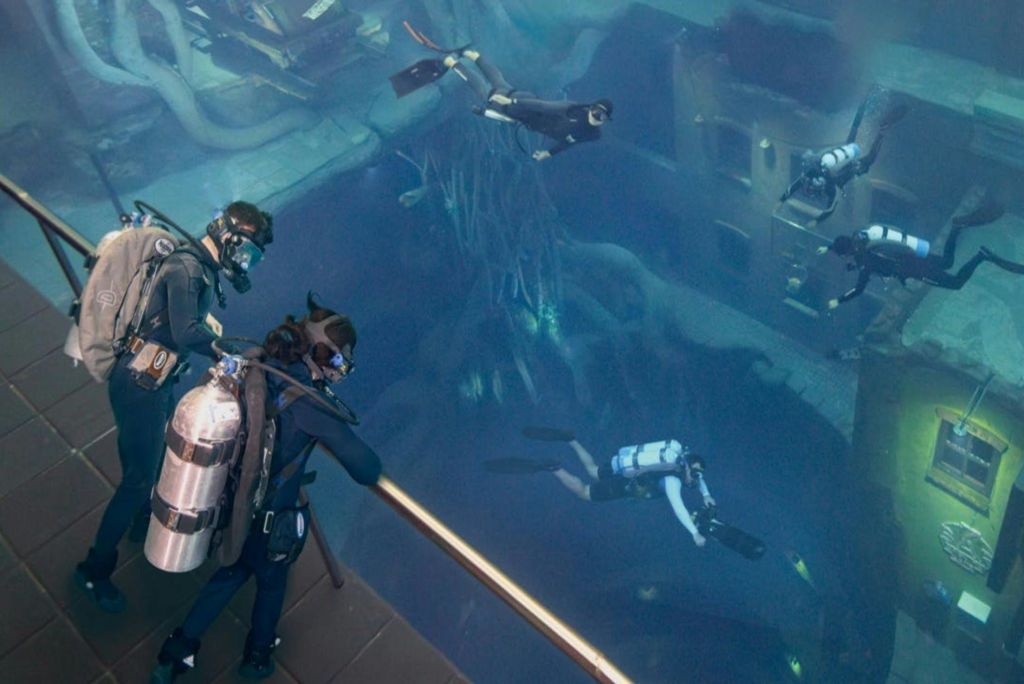 구조물과 수중 경치가 보이는 수중 시설을 탐험하는 스쿠버 장비를 착용한 다이버.