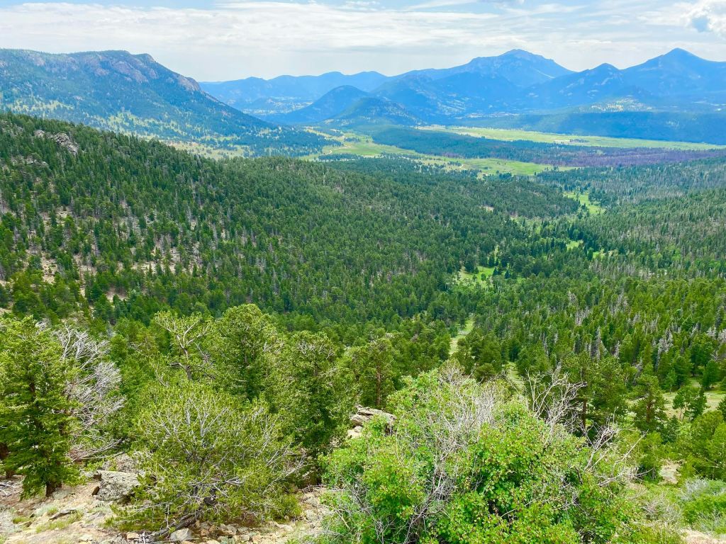 부분적으로 흐린 하늘 아래 숲이 우거진 산으로 둘러싸인 푸른 계곡의 경치.
