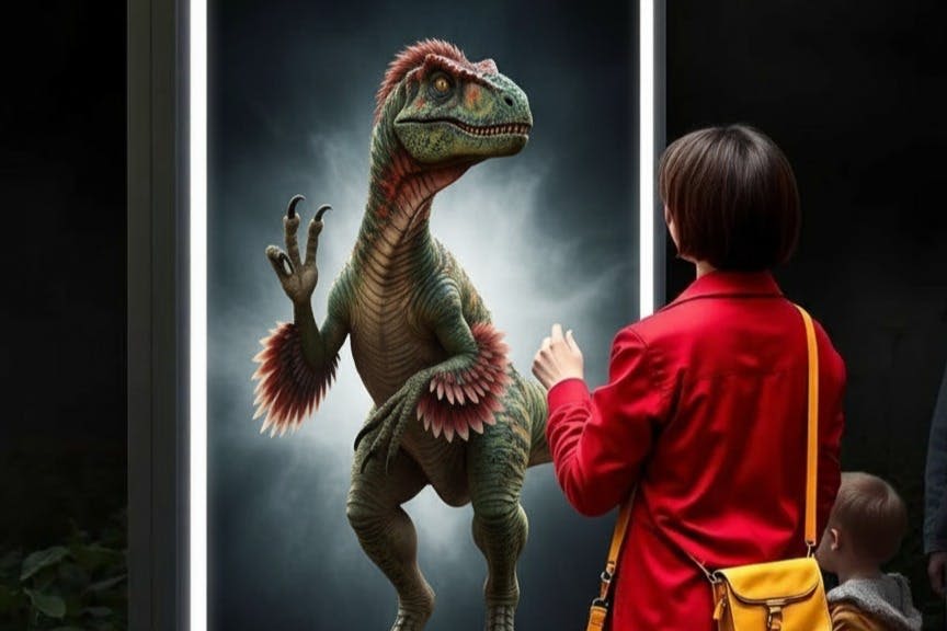 빨간 재킷을 입은 사람이 불빛이 들어오는 액자에 담긴 공룡의 사실적인 디지털 디스플레이를 바라보고 있습니다.