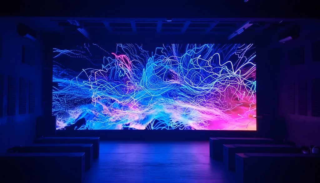 대형 디지털 디스플레이는 좌석이 있는 어두운 공간에서 파란색, 분홍색, 보라색의 생동감 넘치는 추상적인 조명 예술 디자인을 보여줍니다.