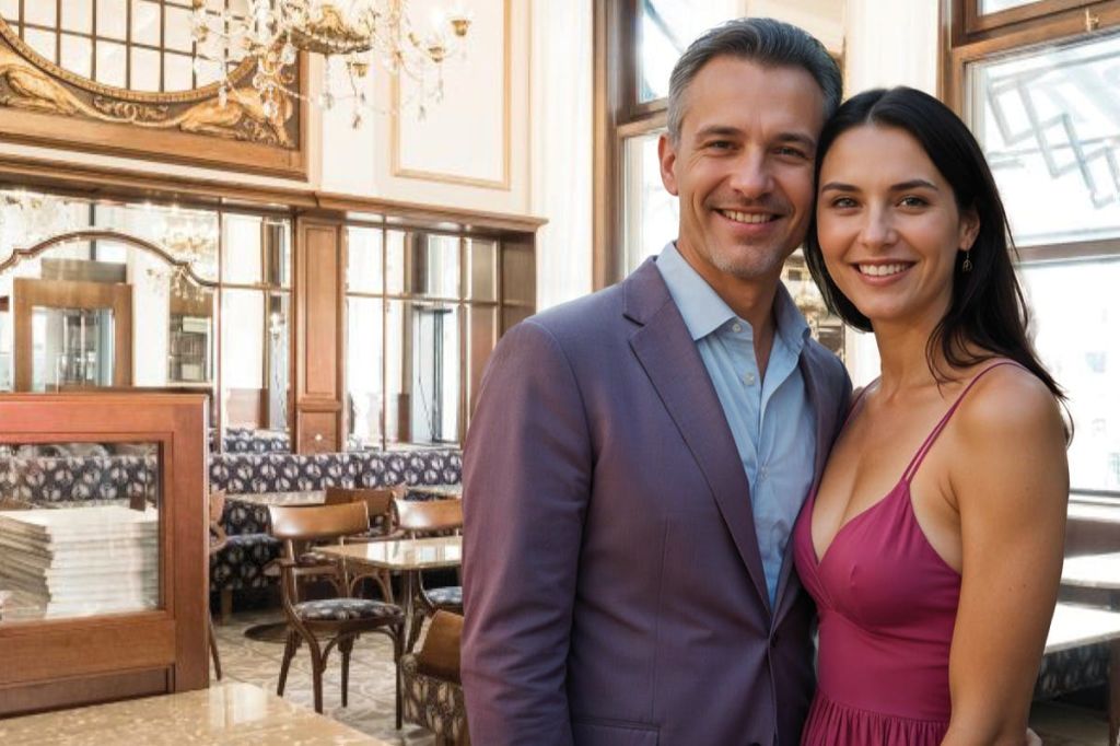 Lächelndes Paar in eleganter Kleidung in einem traditionellen Wiener Kaffeehaus mit klassischer Einrichtung.