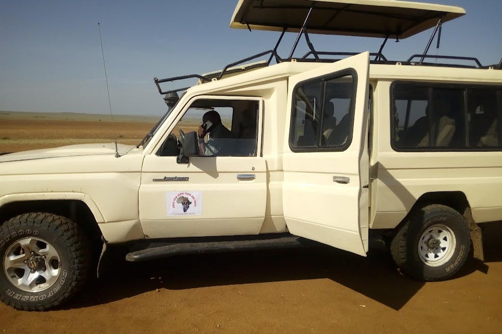 지붕이 열려 있고 측면에 로고가 있는 흰색 사파리 차량입니다. 사람이 휴대폰의 운전석에 앉아 있습니다.