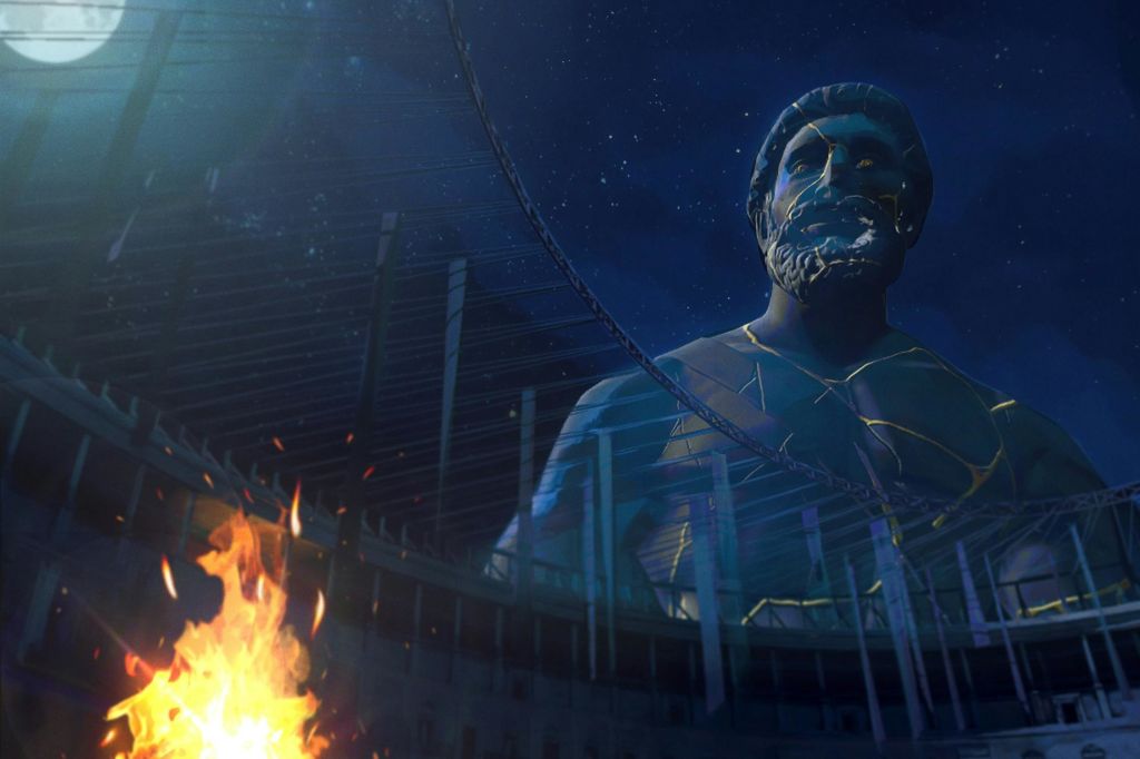 수염을 기른 거대한 조각상이 어둡고 별이 빛나는 밤하늘을 배경으로 전면에 불을 밝힙니다.