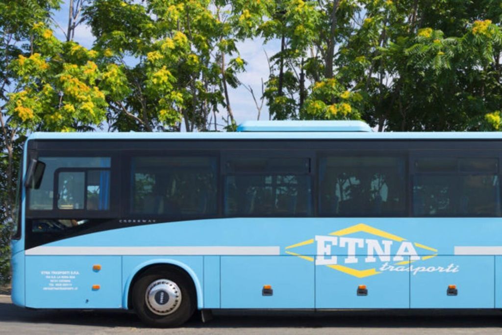 노란색 꽃이 핀 나무 앞에 '에트나' 라고 표시된 파란색 투어 버스가 주차되어 있습니다.