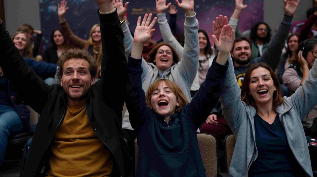 붐비는 실내 환경에서 두 팔을 들고 미소 짓고 환호하는 사람들.