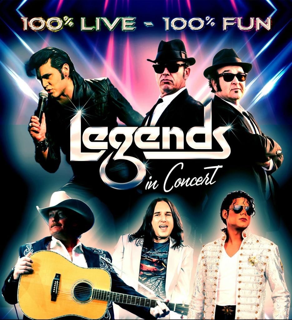 "100% LIVE - 100% FUN" 이라는 텍스트 아래에 유명한 뮤지션으로 옷을 입은 공연자가 등장하는 "Legends in Concert" 홍보 포스터.