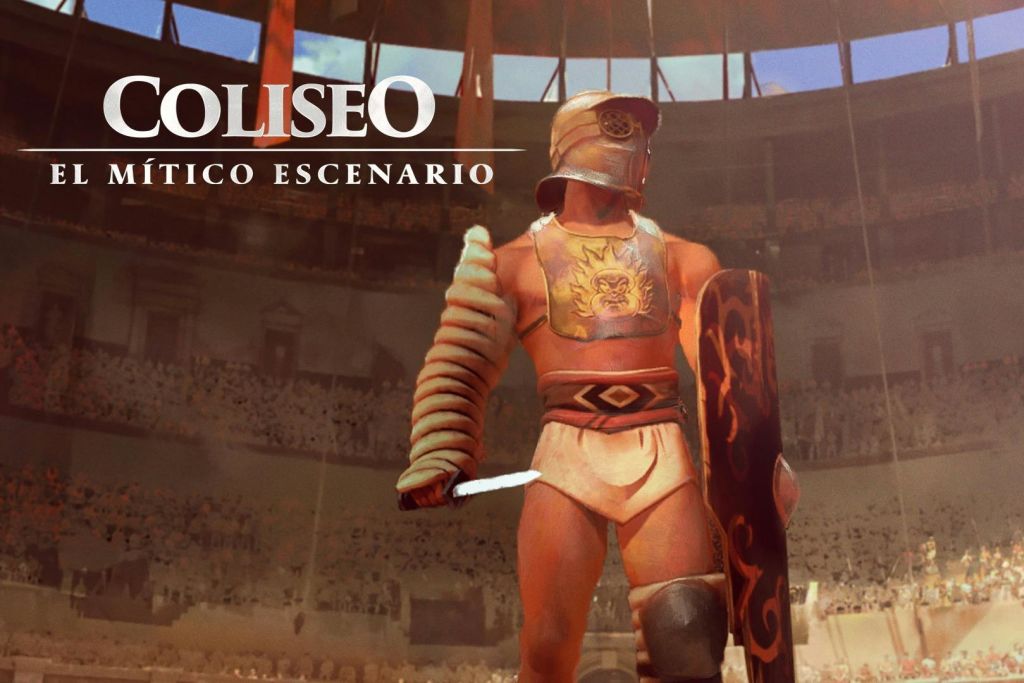 검과 방패를 든 검투사가 청중과 함께 콜로세움에 서 있습니다. 텍스트는 "COLISEO ÉPICO escenario" 입니다.