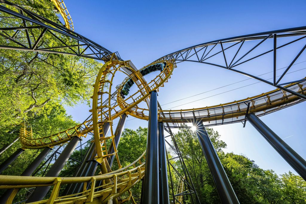 맑고 푸른 하늘을 배경으로 나무로 둘러싸인 노란색과 검은색 강철 롤러코스터가 사람들이 타고 있습니다.