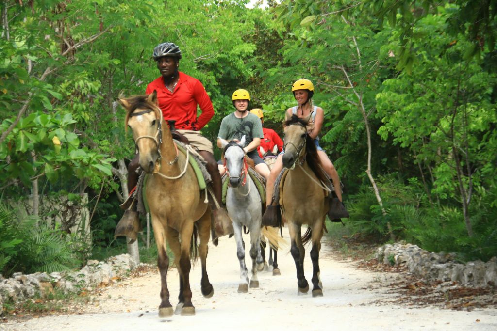 헬멧을 쓴 세 사람이 숲길을 따라 말을 타고 있으며, 다른 말의 빨간 셔츠를 입은 사람의 안내를 받습니다.