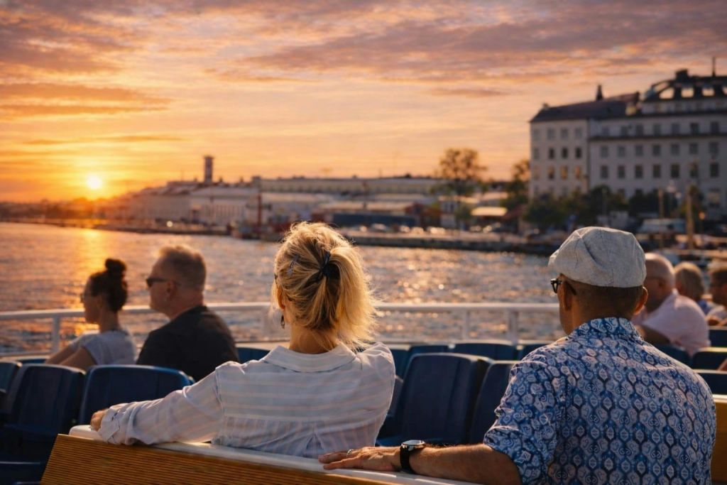 보트에 앉아 도시 풍경과 물을 배경으로 석양을 감상하는 사람들.