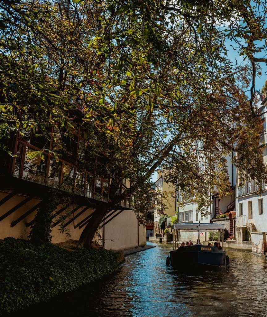 사람들이 탑승한 작은 보트가 화창한 날 건물과 나무가 늘어선 좁은 운하를 항해합니다.