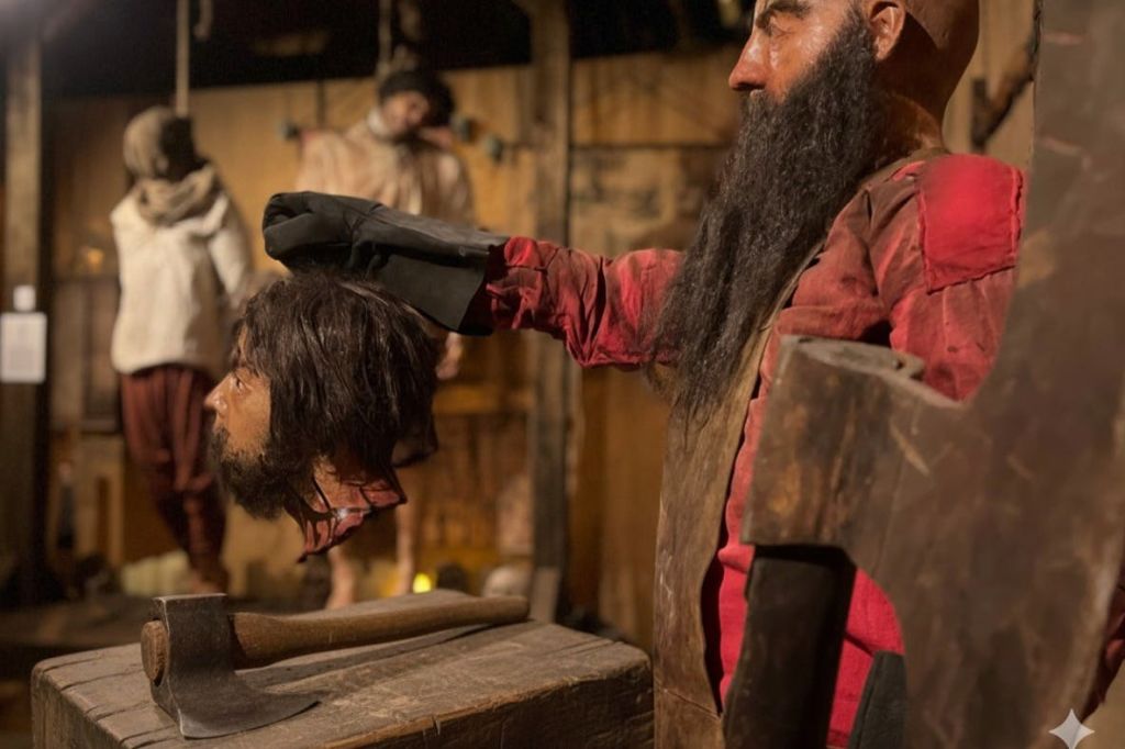 테이블 위에 도끼가 놓인 희미하게 빛나는 장면, 마네킹 머리를 들고 있는 수염을 기른 형상, 배경의 형상.