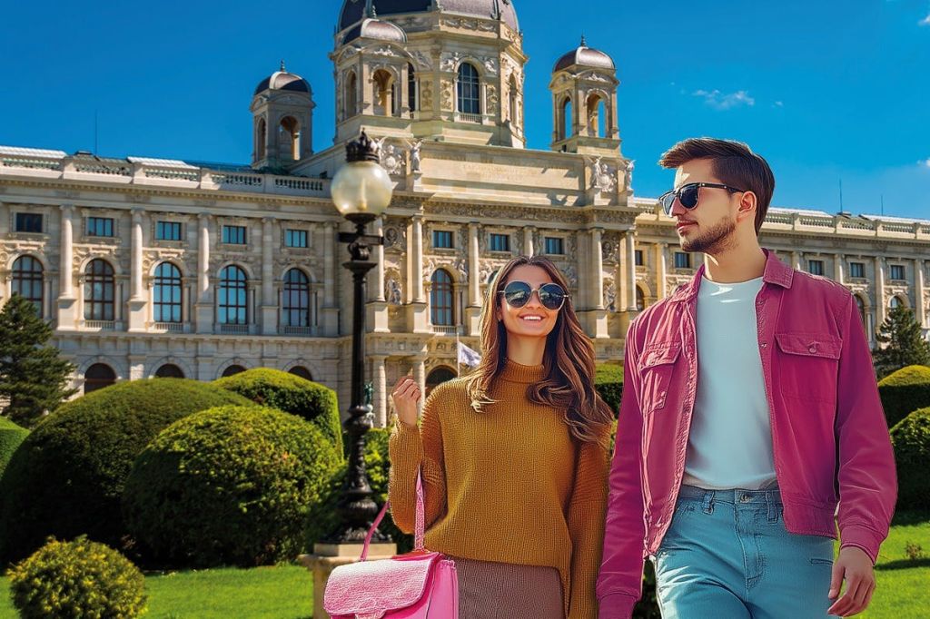 Stylisches Paar mit Sonnenbrillen spaziert vor dem Kunsthistorischen Museum Wien bei strahlend blauem Himmel.