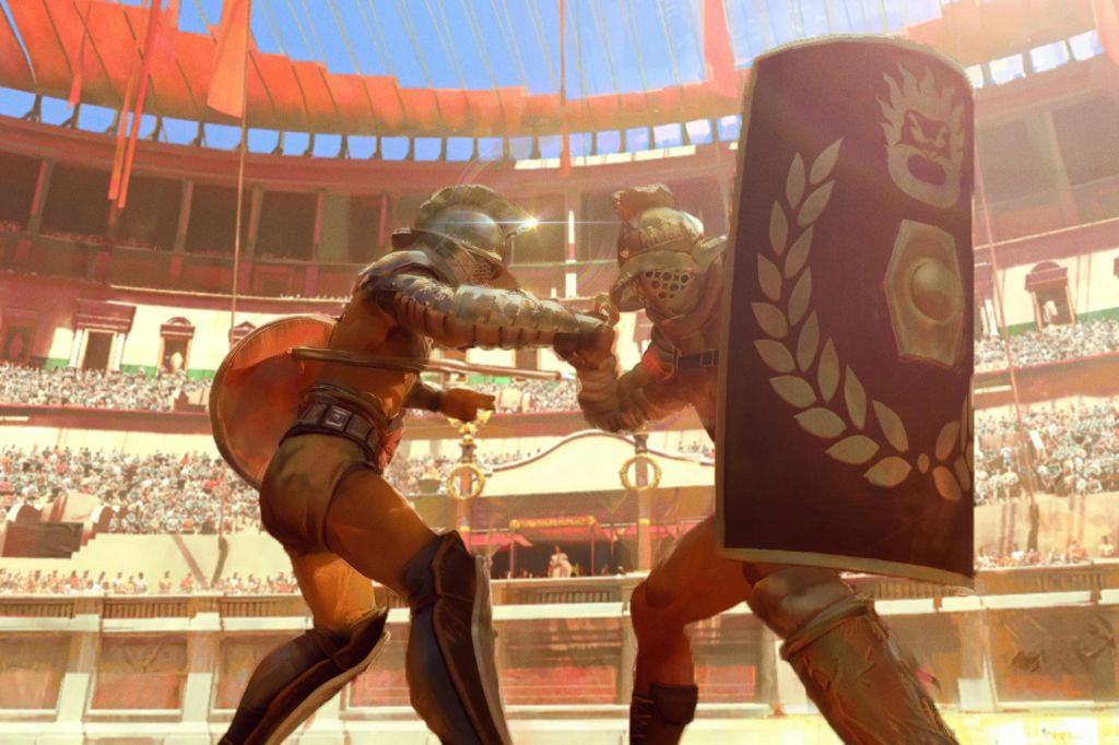 두 명의 검투사가 갑옷과 헬멧을 착용하고 있으며, 한 명은 커다란 방패를 들고 관중들로 가득 찬 경기장에서 전투를 벌이고 있습니다.