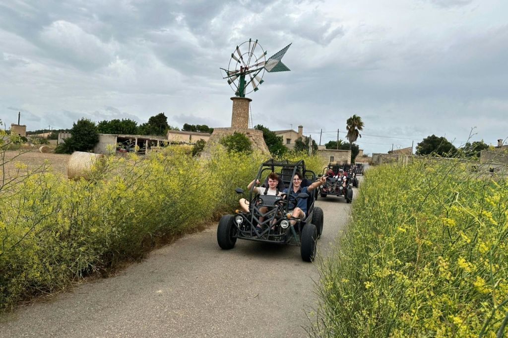 높은 잔디와 노란색 꽃이 우거진 좁은 도로에서 두 사람이 모래 언덕 버기를 타고, 풍차와 건물을 배경으로 달립니다.