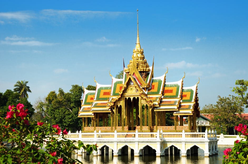 맑고 푸른 하늘 아래 나무와 꽃으로 둘러싸인 연못에 위치한 화려한 디테일이 돋보이는 황금빛 태국 파빌리온입니다.