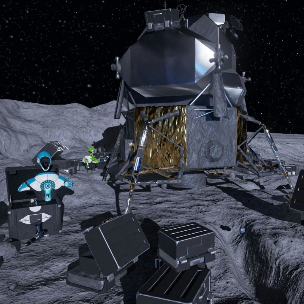 다양한 장비와 로봇으로 둘러싸인 암석 달 표면의 미래형 달 착륙선.