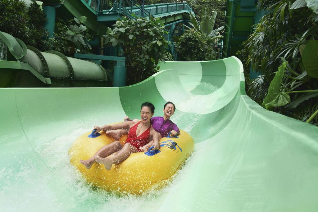 노란색 뗏목을 탄 두 사람이 푸른 물 미끄럼틀 아래로 미끄러지며 울창한 초목으로 둘러싸여 웃으며 손잡이를 잡고 있습니다.