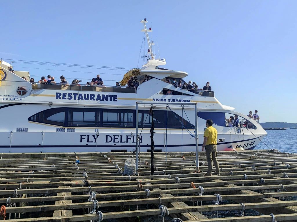 측면에 "Restaurante" 라고 쓰여진 "Fly Delfin" 이라는 보트가 정박되어 있습니다. 사람들이 탑승하고 있으며, 선착장에 한 명이 있습니다.