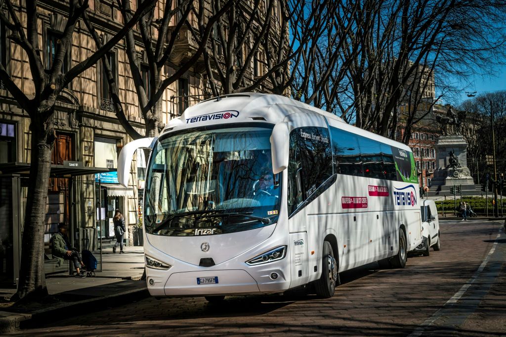 나뭇잎이 없는 나무와 건물이 늘어선 거리에 '테라비전' 이 표시된 흰색 투어 버스가 있습니다.
