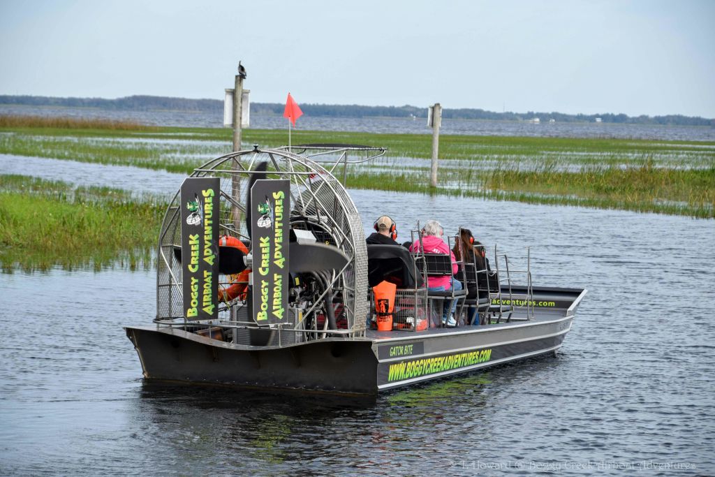 "Boggy Creek Airboat Adventures" 표지판이 있는 에어보트를 타고 습지가 많은 지역을 항해하는 한 무리의 사람들.
