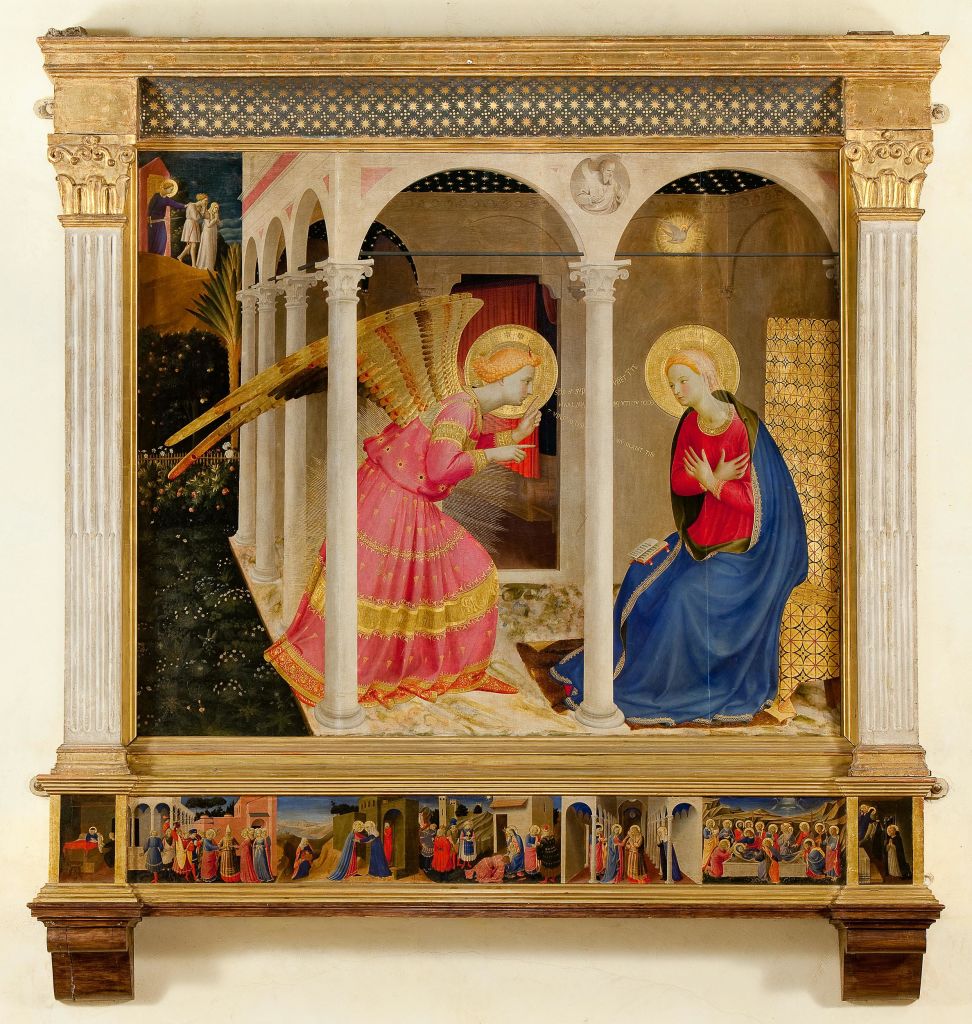 분홍색 천사가 아치형 구조 내에서 파란색으로 앉은 여성을 다루는 모습을 그린 그림으로, 아래에 작은 장면이 있습니다.