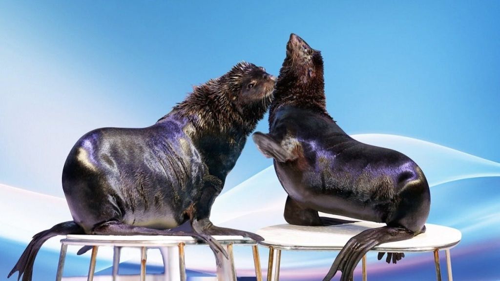 두 마리의 바다사자가 솟은 플랫폼에 앉아 입을 벌리고 마주보고 있습니다. 배경은 파란색과 흰색 그라데이션입니다.