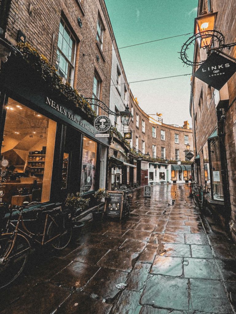 좁고 습한 자갈길에는 상점과 자전거가 늘어서 있으며, 도심 속 닐의 마당 구제책과 링크가 있습니다.