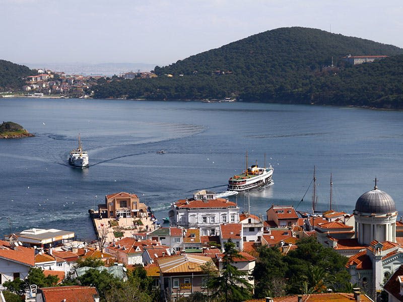 붉은 지붕의 건물과 부두, 페리가 있는 해안 마을입니다. 언덕과 다른 페리가 있는 물줄기가 배경입니다.