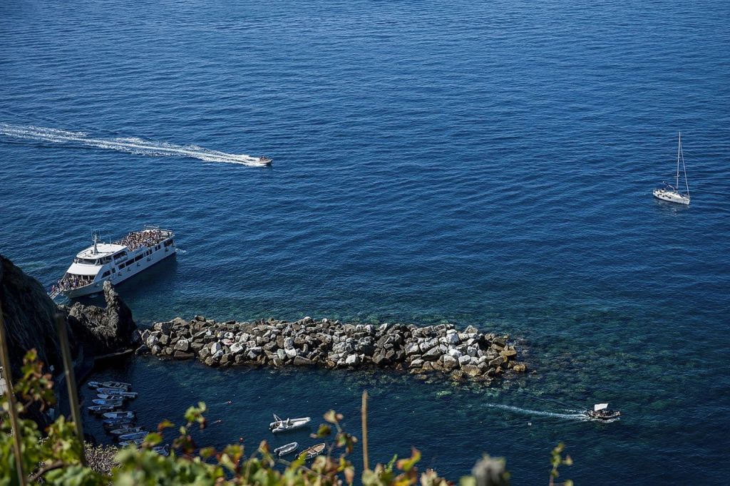 바위가 많은 방파제 근처의 푸른 바다에서 스피드보트를 타고 전경에 단풍이 펼쳐지며 위에서 내려다보입니다.