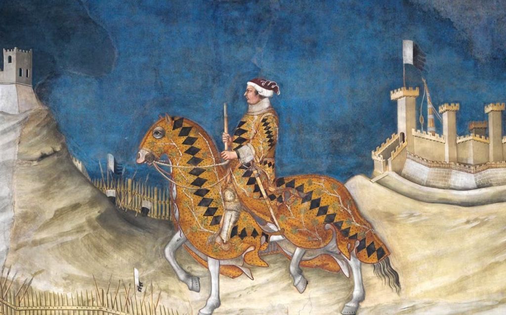 창을 들고 요새를 배경으로 비슷하게 장식된 말에 무늬가 있는 복장을 한 남자의 중세 회화 작품.