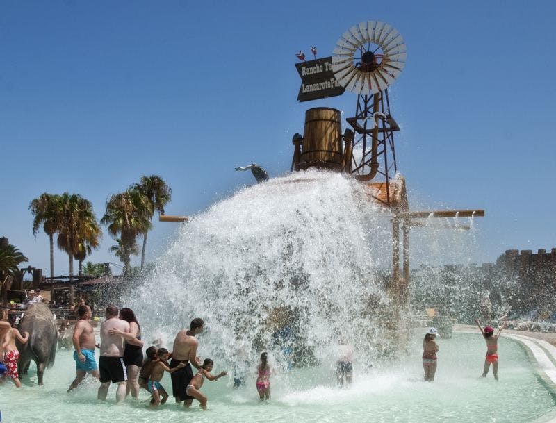 풍차와 야자수를 배경으로 한 테마 구조 아래 커다란 양동이에서 물이 튀는 것을 즐기는 사람들.