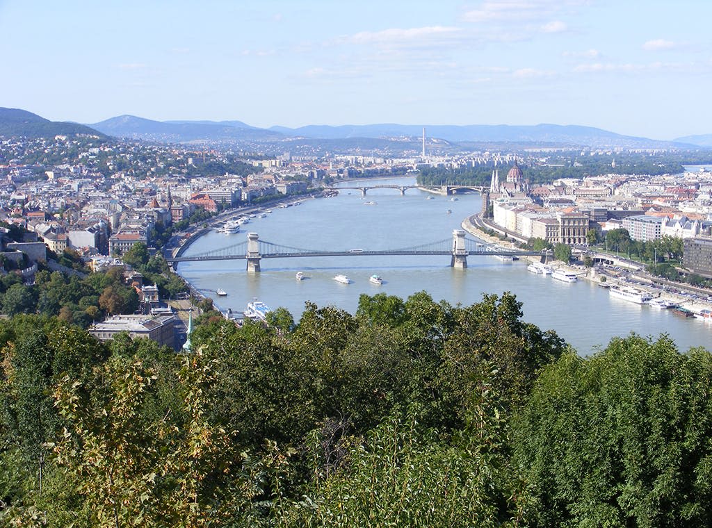 전경에 나무가 우거진 언덕에서 바라본 세 개의 다리, 수많은 보트, 양쪽의 도시 풍경이 있는 강 전망.