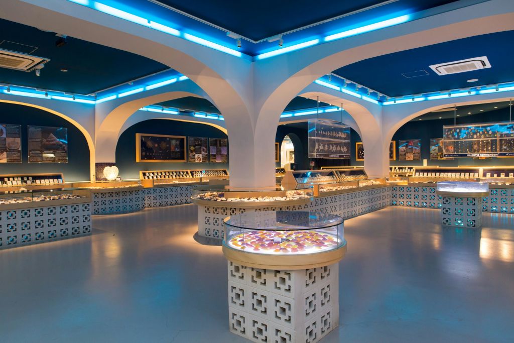 다양한 보석이 전시된 곡선형 아치, 디스플레이 테이블, 유리 케이스가 있는 객실입니다. 파란색 조명이 천장을 강조합니다.