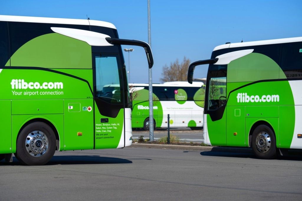 화창한 날에는 두 대의 녹색 FlixBus 코치가 주차되어 있으며, 배경에는 세 번째 코치가 보입니다.